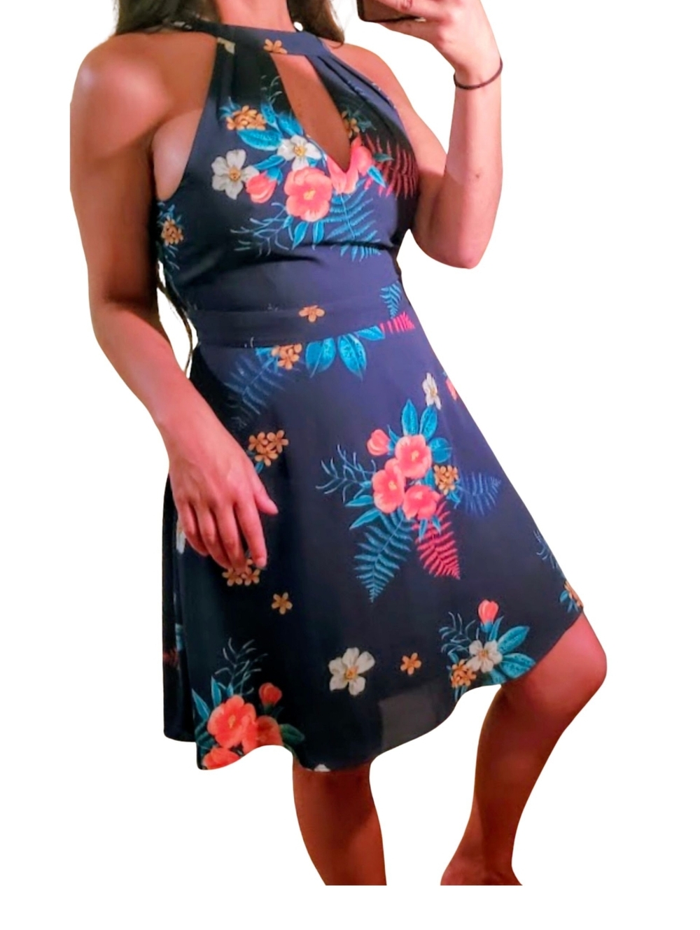 Blue Floral Keyhole Halter Summer Dress